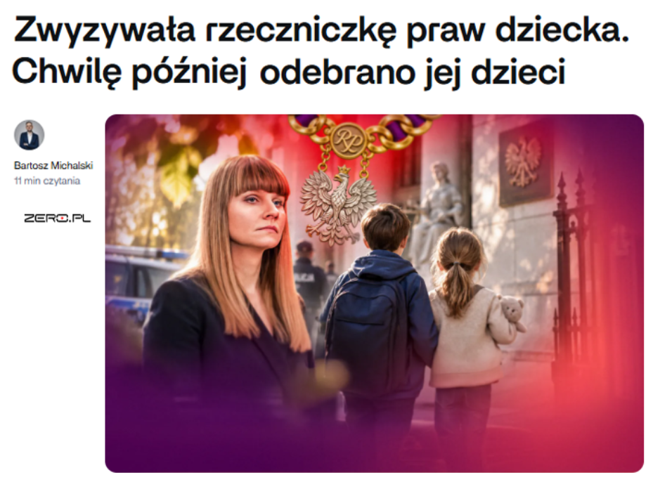 Zrzut ekranu artykułu portalu Zero.pl o sprawie odebrania dzieci